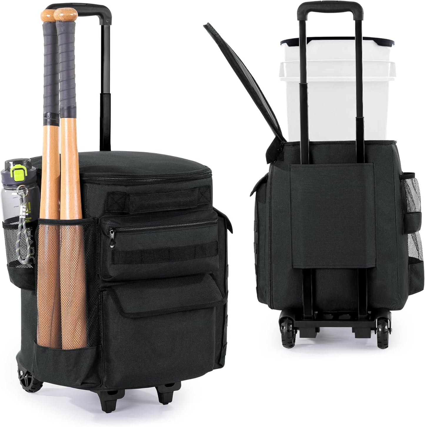 HOMBYS Baseball Bucket Bag with Wheels, Softball Bag Bucket Bag with Multiple Pockets Coaching Accessories for Balls Bat Gloves (Bucket Not Included)