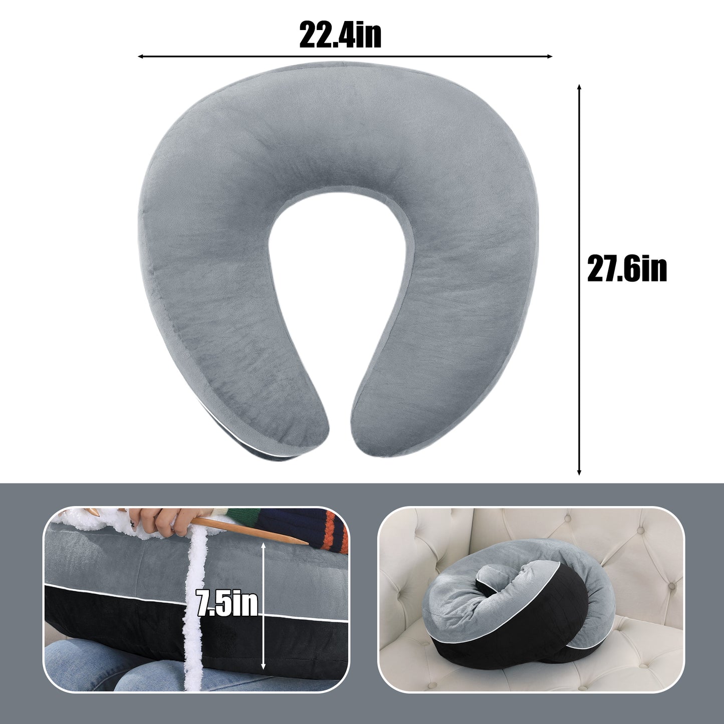 HOMBYS Crochet Pillow for Lap Support,Gaming Pillow for Lap,Lap Pillow for Reading & Crocheting,Soft Lap Desk Pillow,Reading Pillow,Crochet Pillow for Lap Support,Arm Pillows for Adults,Black/Grey