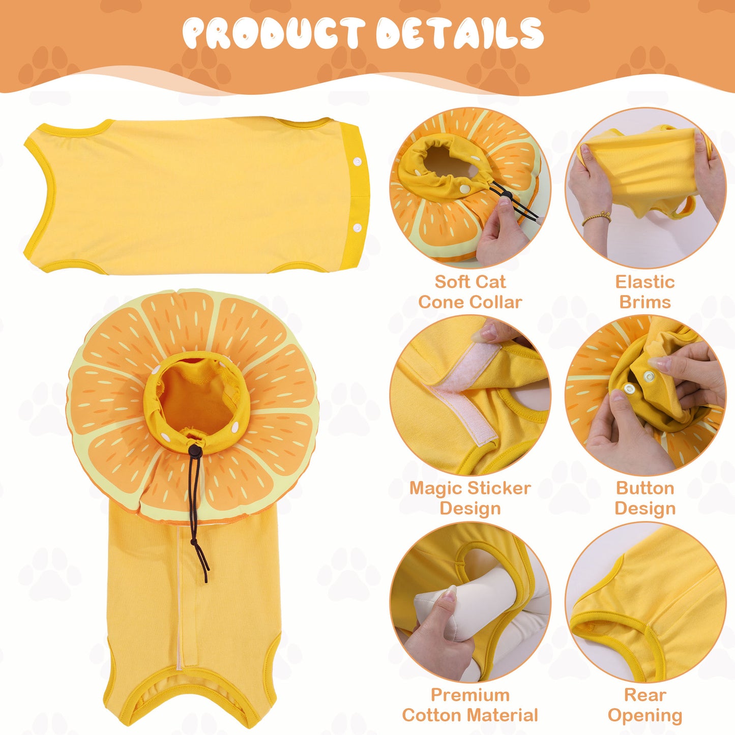 HOMBYS 2-in-1 Cat Surgical Suit, 2 Cat Recovery Suit & Cat Cone Collar for Cats After Surgery, Cute Kitten Surgical Full Bodysuit Cat Recovery Collar for Cats Dogs 4-8lb(Yellow)