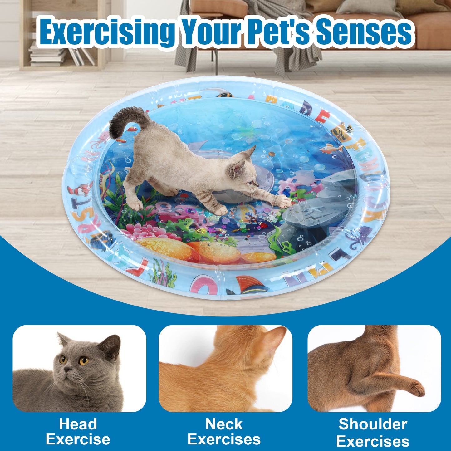 HOMBYS Upgrade New Thickened Cat Water Mat Water Sensory Play Mat for Cats New Interactive Water Sensory Playmat With Glow-in-the-dark Glitter Interactive Toys for Cats to Play