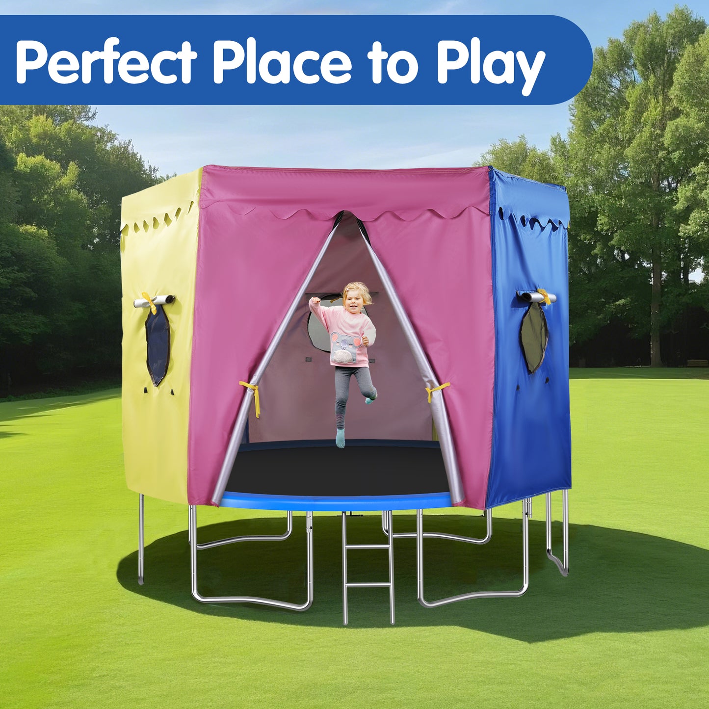 HOMBYS Cute Trampoline Tent Cover, 12ft/14ft Premium Waterproof Oxford with Sunscreen Coating, Fits 6 Straight Round Trampoline, Tent Only