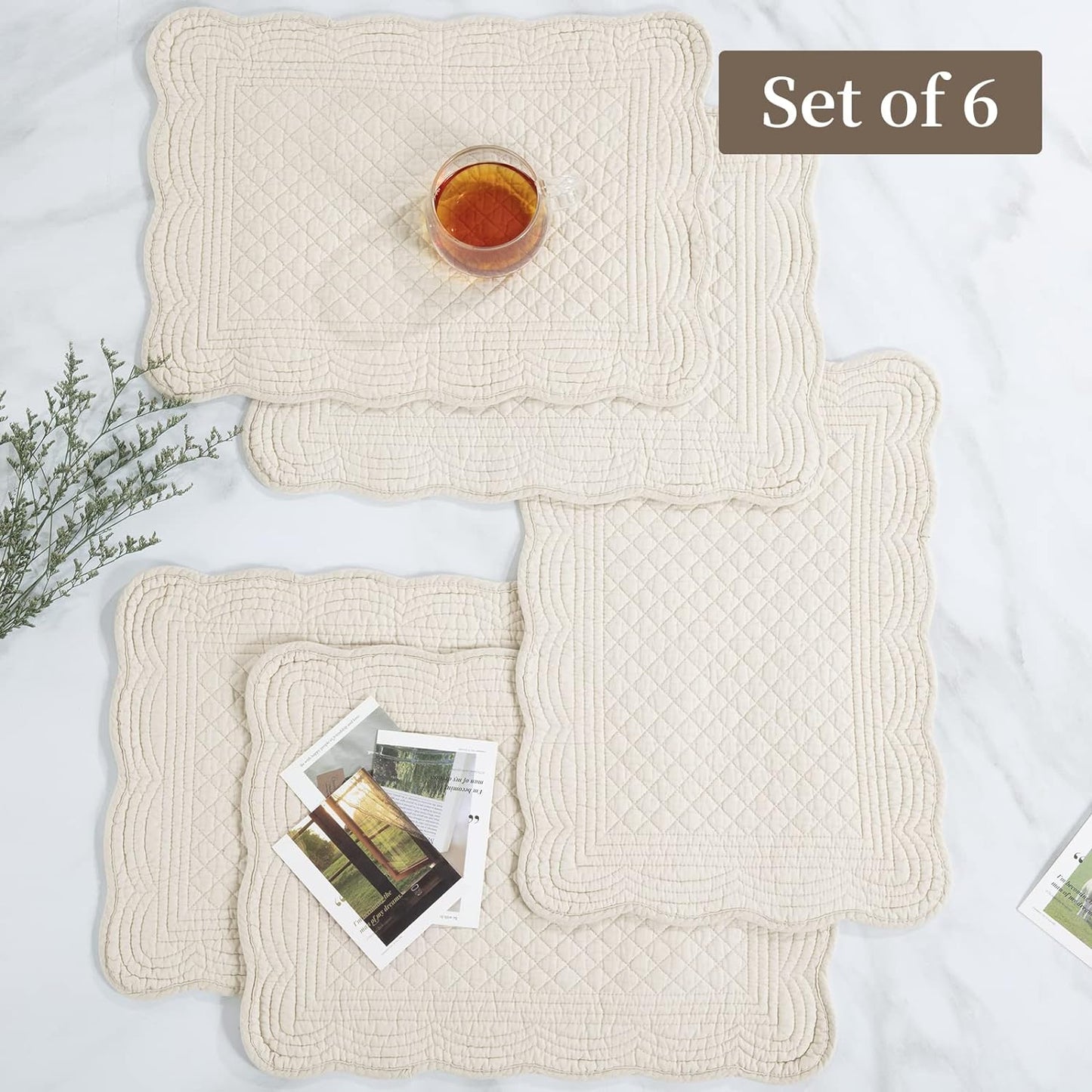 HOMBYS Quilted Placemats Set of 6 Washable-13x18 inches Rectangular Placemats for Kitchen Table-100% Cotton Fabric Rectangular Table Mats-Cotton (18"x13", Flax)