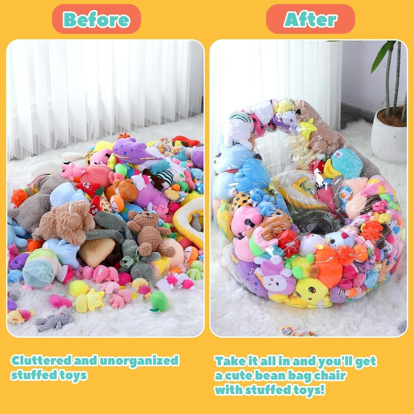 HOMBYS Clear Animal Bean Bag Chair Cover Stuffed Animal Storage for Kids Extra Large Waterparoof Stuffable Zipper Bean Bag for Children Storage & Organizing Plush Toys, Easy to Clean