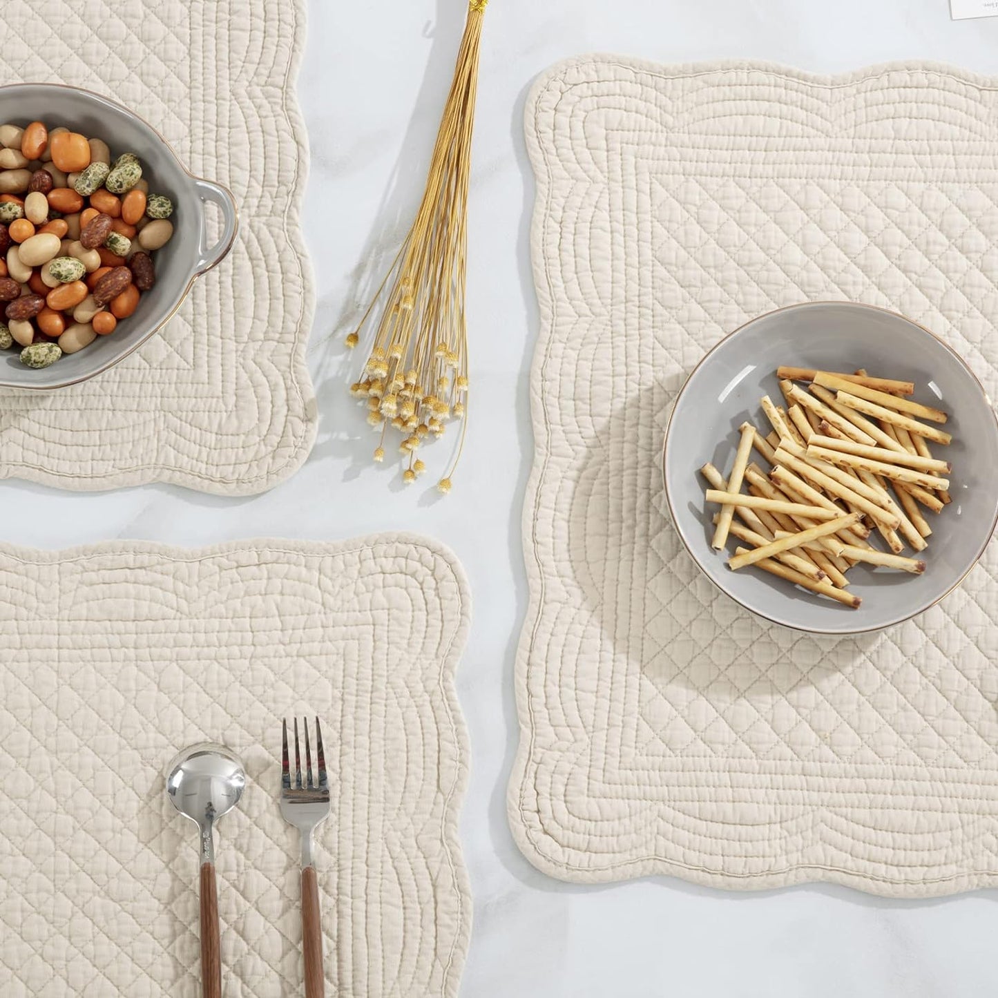 HOMBYS Quilted Placemats Set of 6 Washable-13x18 inches Rectangular Placemats for Kitchen Table-100% Cotton Fabric Rectangular Table Mats-Cotton (18"x13", Flax)