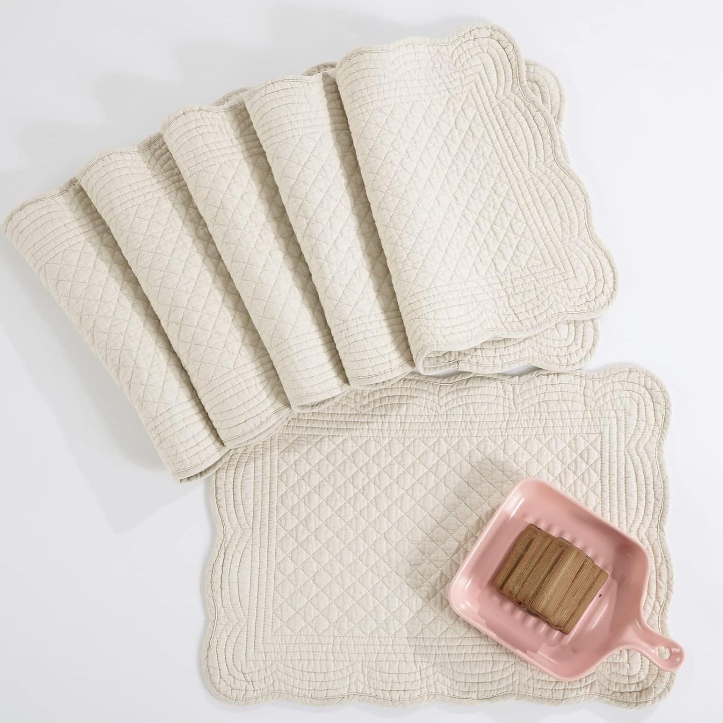 HOMBYS Quilted Placemats Set of 6 Washable-13x18 inches Rectangular Placemats for Kitchen Table-100% Cotton Fabric Rectangular Table Mats-Cotton (18"x13", Flax)
