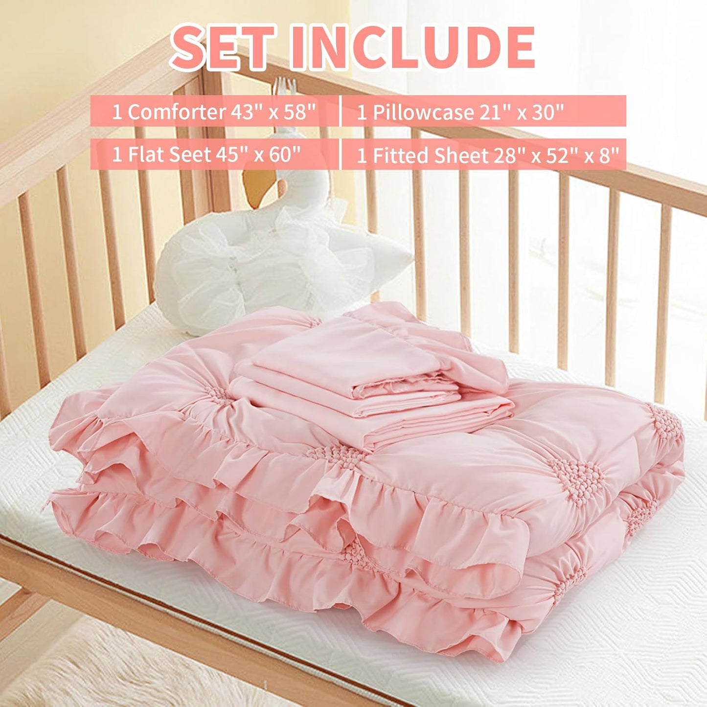 HOMBYS 4 Pieces Pink Princess Toddler Bedding Set for Girls Kids, Ultra Soft Blush Pinch Pleat Comforter Set with Ruffles for All Season