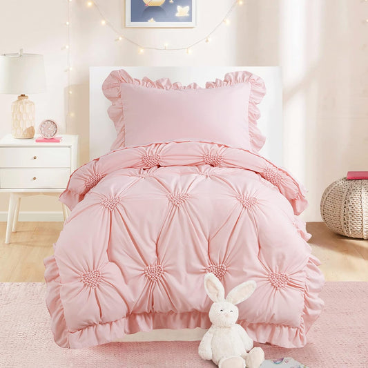 HOMBYS 4 Pieces Pink Princess Toddler Bedding Set for Girls Kids, Ultra Soft Blush Pinch Pleat Comforter Set with Ruffles for All Season