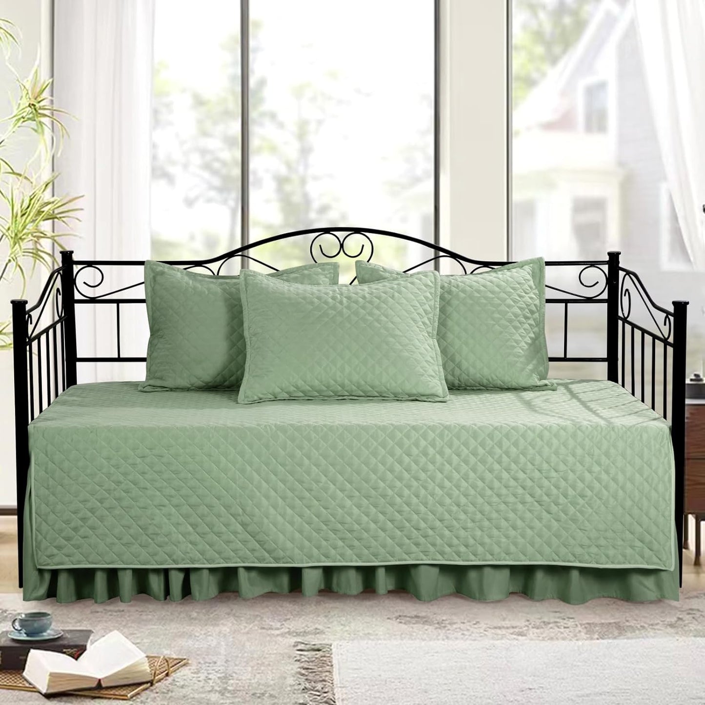 HOMBYS Daybed Sets- Diamond Stitching Daybed Bedding Set, All Season Cozy Bedding with Bedskirt with Shams Twin Size, 75"x39" 5 Piece,100% Microfiber (Sage Green, 75"x39")