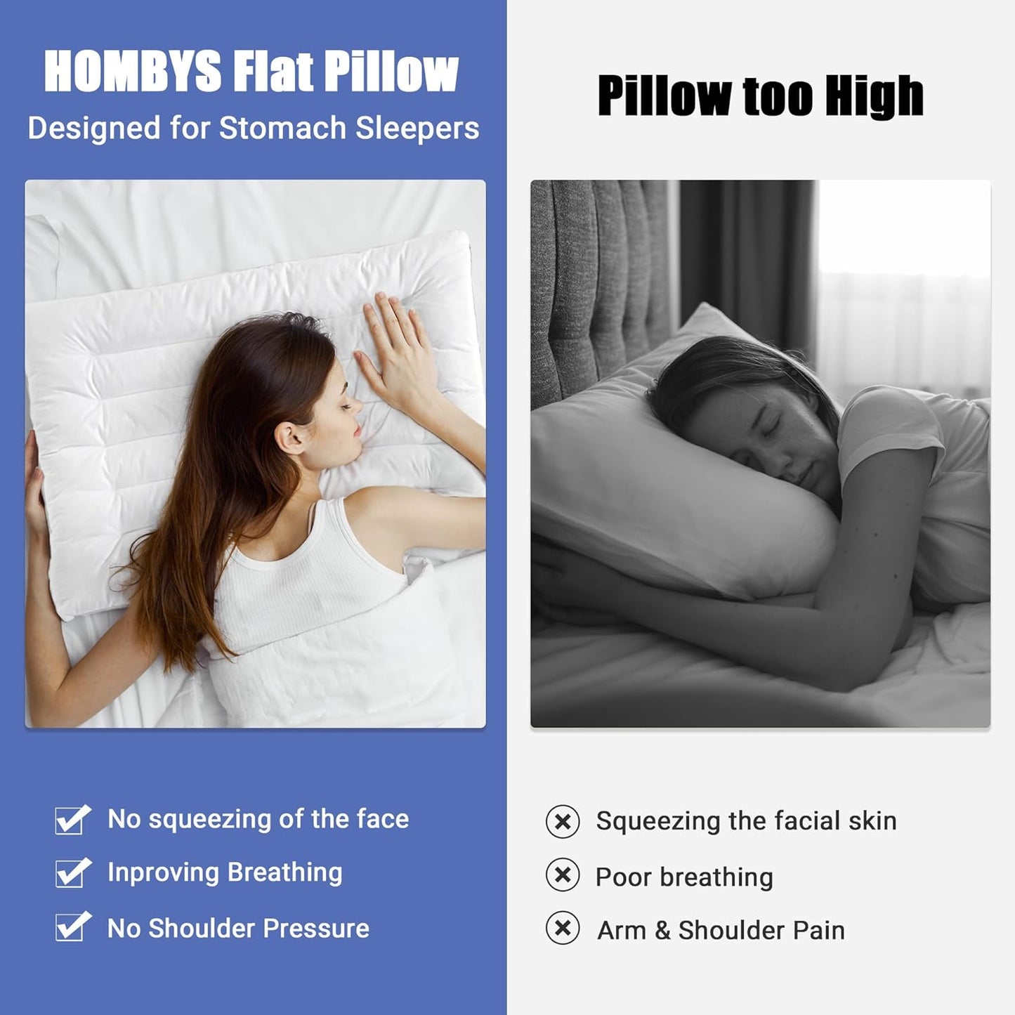 HOMBYS Ultra Thin Flat Pillow for Sleeping, 2.5 inch Thick High Support Stomach Sleeping Pillow, Slim Bed Pillow, Thin Pillow for Back Sleeper-Standard Size 18x26, Machine Washable