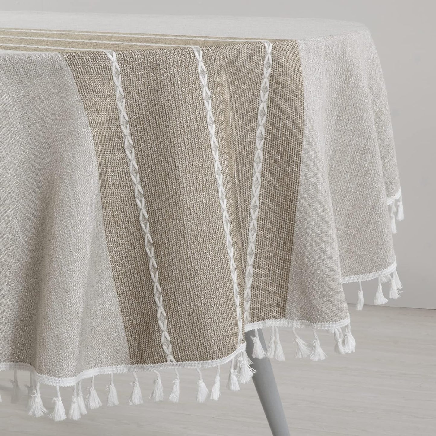 HOMBYS Solid Embroidery Oval Tablecloth with Tassels for Oval Table, Lace Dust-Proof Table Cover for Kitchen Dinning, Wrinkle Free Anti-Fading Tabletop Decoration
