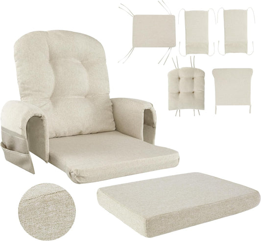 HOMBYS 5 PCS Glider Rocker Replacement Cushions with Storage Side Pocket,Linen-Like Fabric, Foam & Microfiber Filling, Non-Slip & Washable,Thickened & Supportive for Glider Rocking Chair