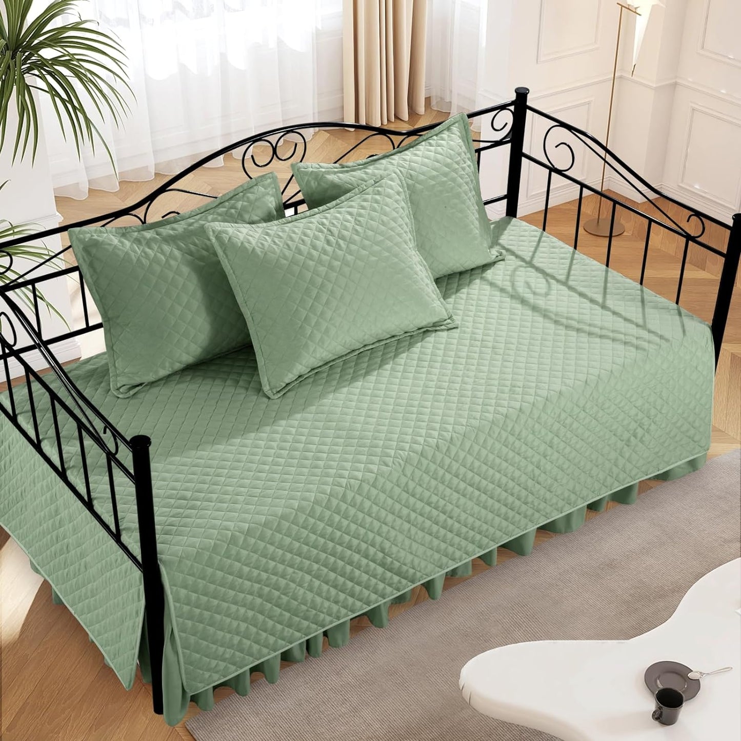 HOMBYS Daybed Sets- Diamond Stitching Daybed Bedding Set, All Season Cozy Bedding with Bedskirt with Shams Twin Size, 75"x39" 5 Piece,100% Microfiber (Sage Green, 75"x39")