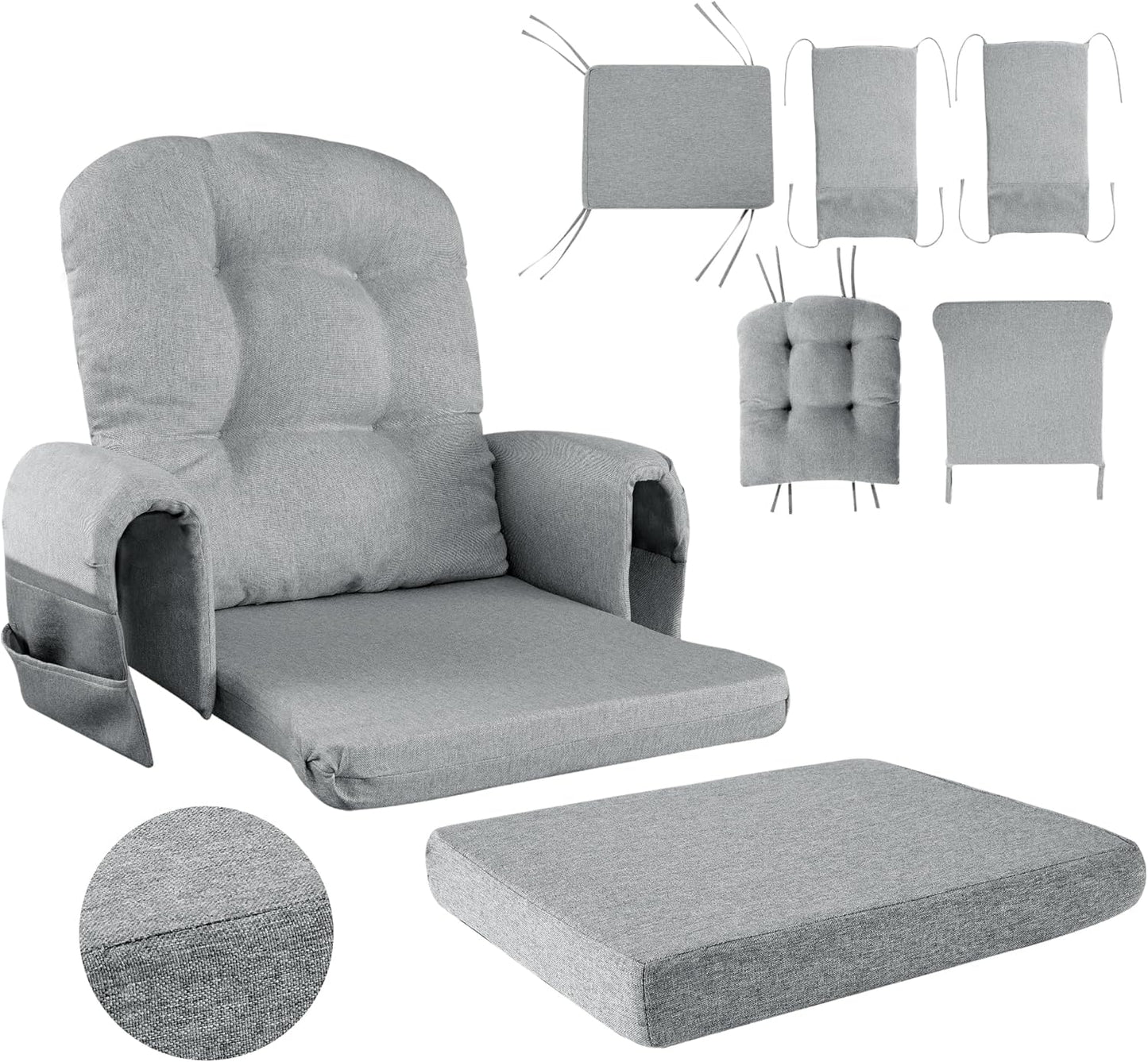HOMBYS 5 PCS Glider Rocker Replacement Cushions with Storage Side Pocket,Linen-Like Fabric, Foam & Microfiber Filling, Non-Slip & Washable,Thickened & Supportive for Glider Rocking Chair