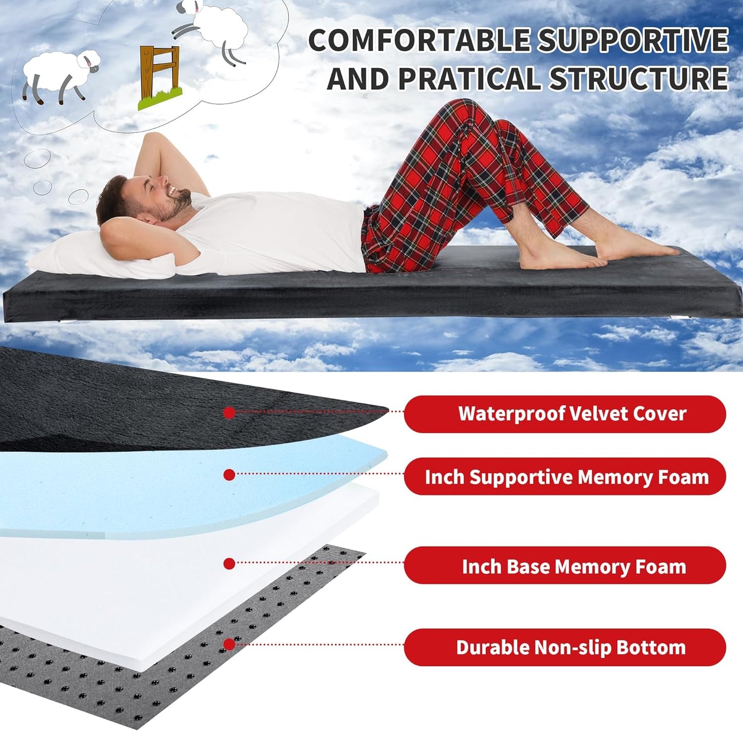 HOMBYS Memory Foam Camping Mattress for Outdoor Sleeping, Roll Up Porable Camping Mattress Pad Mat for Travel Truck Bed Tent