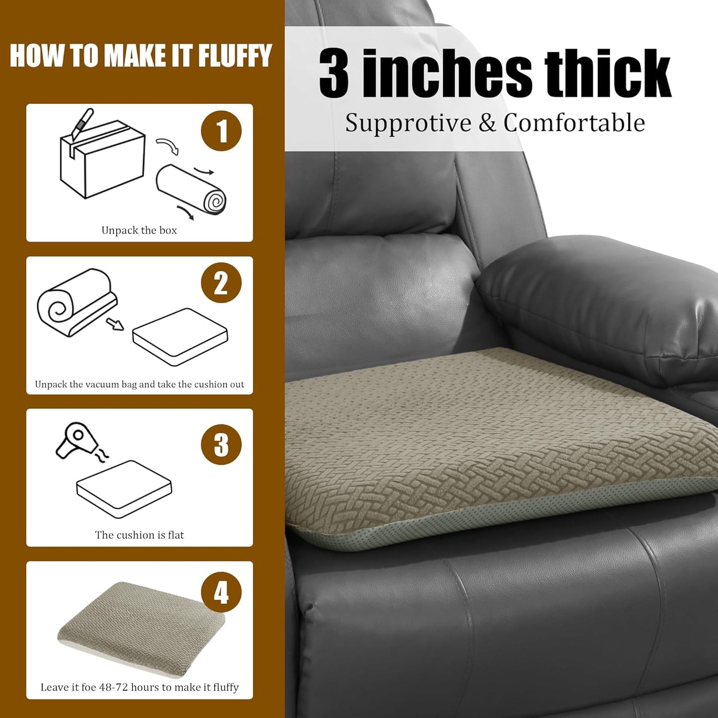 HOMBYS Tufted Furry Recliner Seat Cushion for Elderly Foam Curved Edge Large Square Seat Cushion for Recliner Chair, Floor Pillow, Office Chair, Car, No Pressure on Thighs