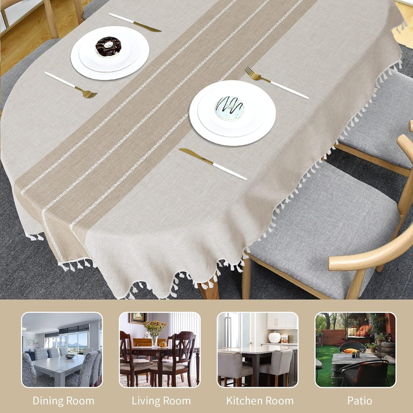 HOMBYS Solid Embroidery Oval Tablecloth with Tassels for Oval Table, Lace Dust-Proof Table Cover for Kitchen Dinning, Wrinkle Free Anti-Fading Tabletop Decoration