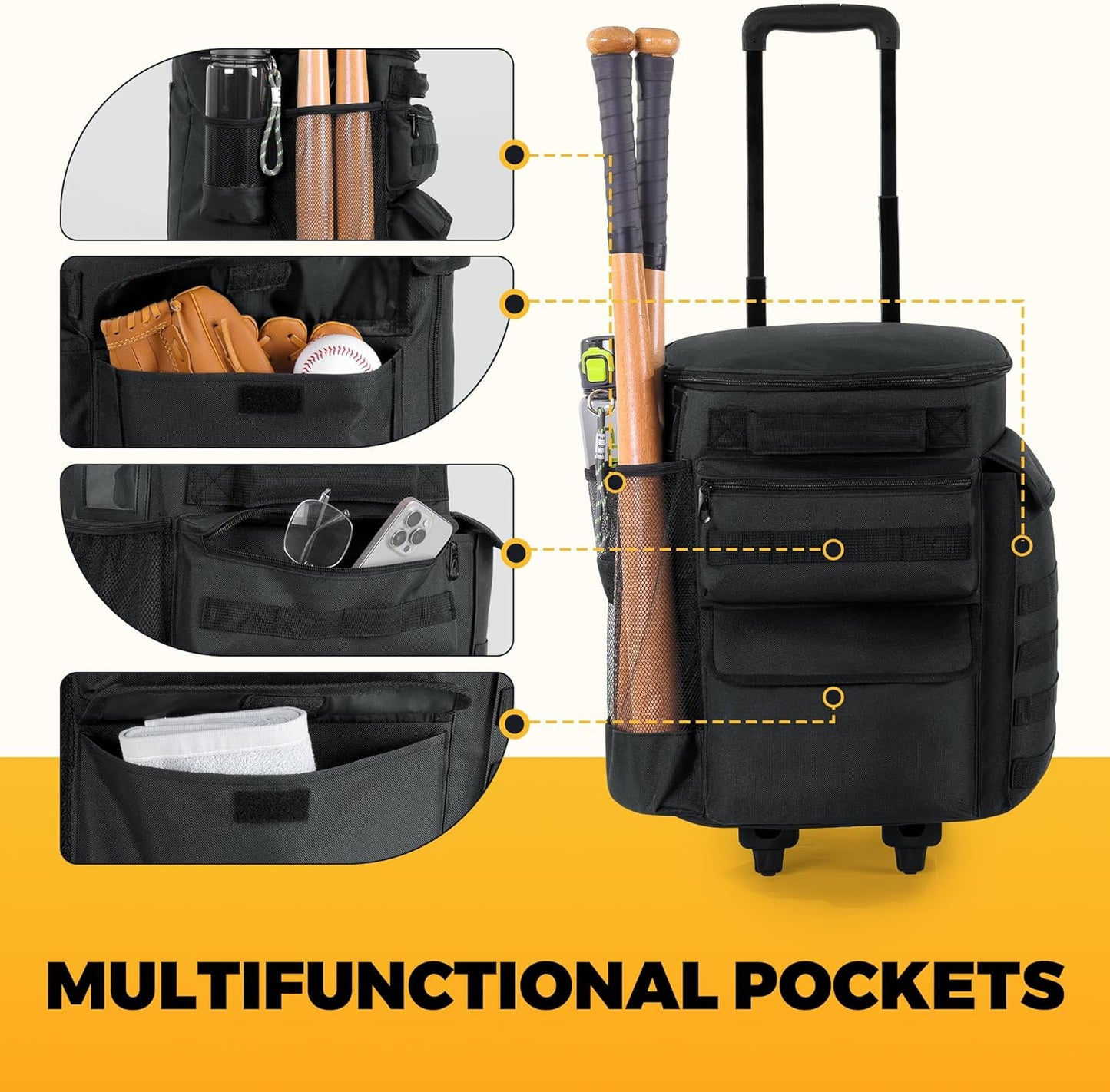 HOMBYS Baseball Bucket Bag with Wheels, Softball Bag Bucket Bag with Multiple Pockets Coaching Accessories for Balls Bat Gloves (Bucket Not Included)