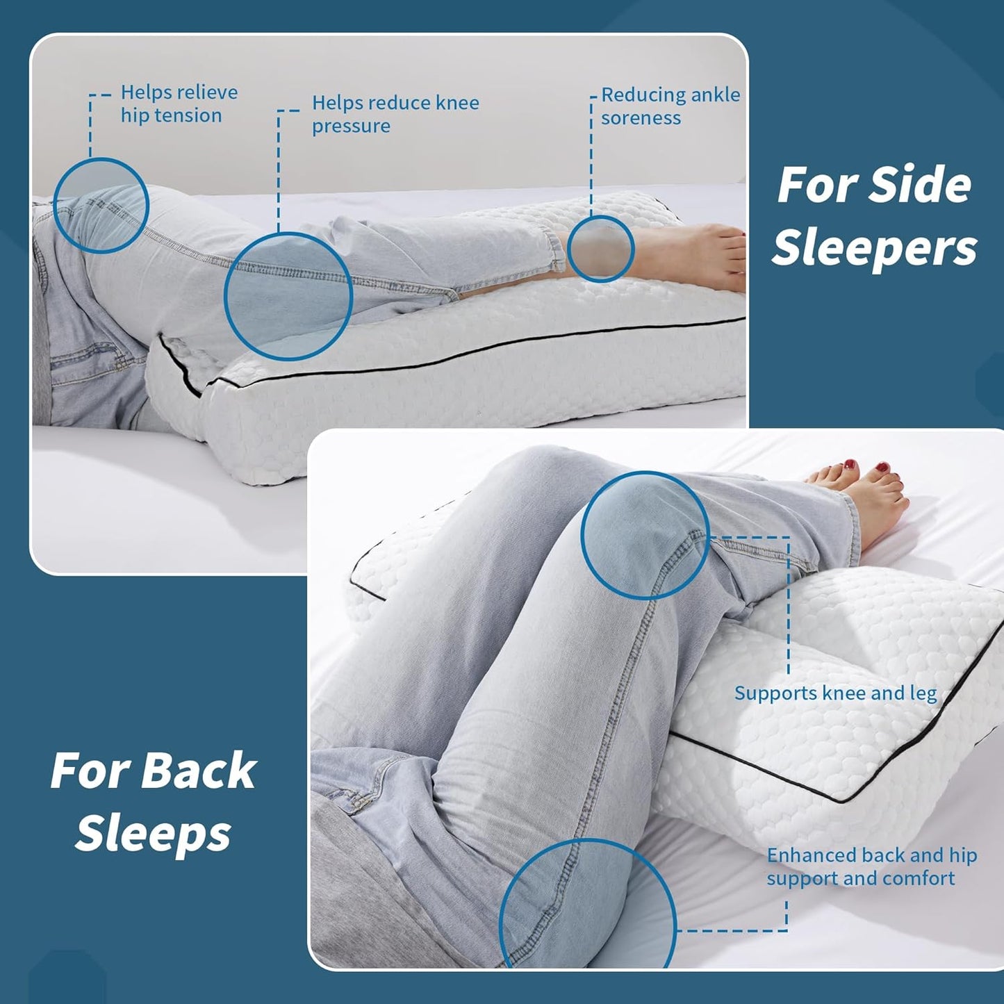 HOMBYS Shredded Memory Foam Knee Pillow for Side Sleepers, 6.5" Height Pillow Between Legs for Aligns Spine & Relieves Pressure Hip & Leg Elevation, Supportive Pillow for Pregnancy, Sciatica, White