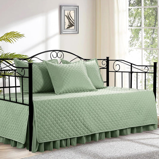 HOMBYS Daybed Sets- Diamond Stitching Daybed Bedding Set, All Season Cozy Bedding with Bedskirt with Shams Twin Size, 75"x39" 5 Piece,100% Microfiber (Sage Green, 75"x39")
