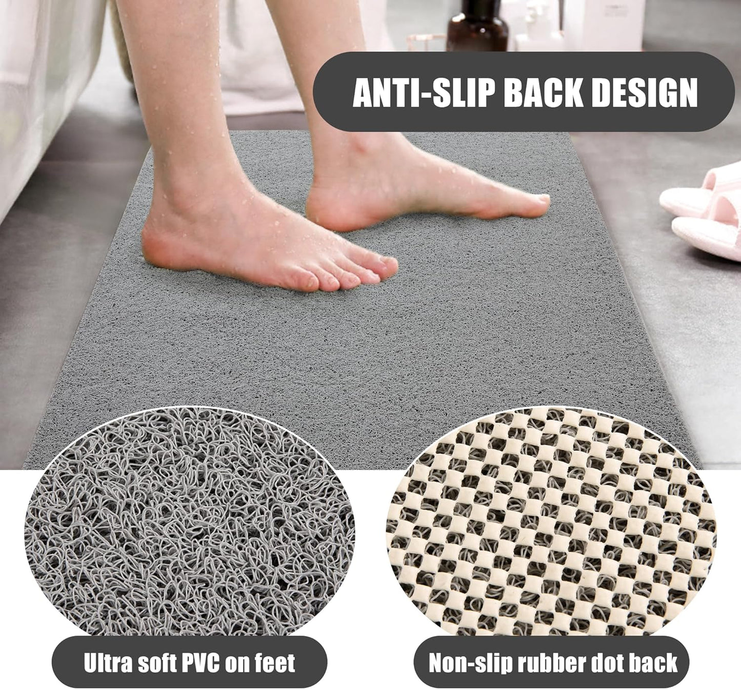 HOMBYS Extra Large Shower Mat for Shower Stall Tub, Non Slip Bath Mat Bathroom Accessories, PVC Loofah Mats for Shower and Bathroom, Quick Drying, Grey