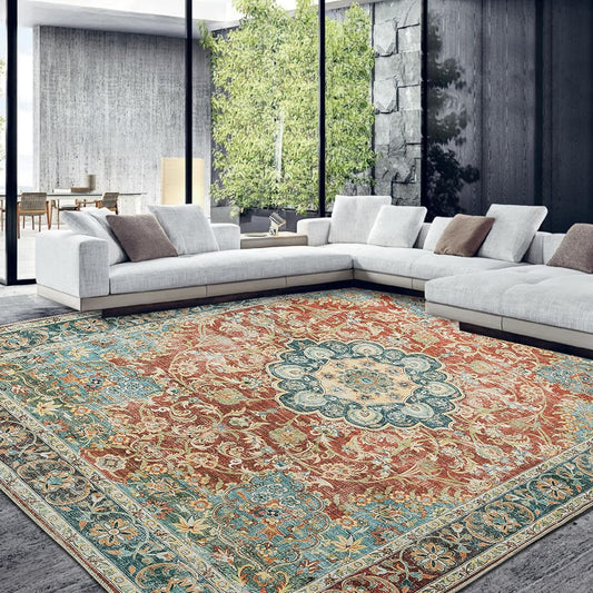 HOMBYS Vintage Area Rug for Living Room Bedroom, Large Boho Floor Carpet with Non-Slip Backing for Indoor Office Dining Room, Traditional Home Deco Non-Shedding, Machine Washable