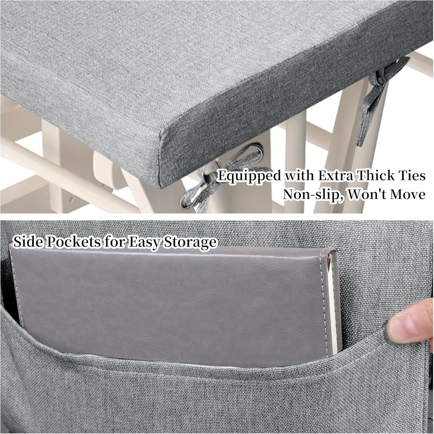 HOMBYS 5 PCS Glider Rocker Replacement Cushions with Storage Side Pocket,Linen-Like Fabric, Foam & Microfiber Filling, Non-Slip & Washable,Thickened & Supportive for Glider Rocking Chair