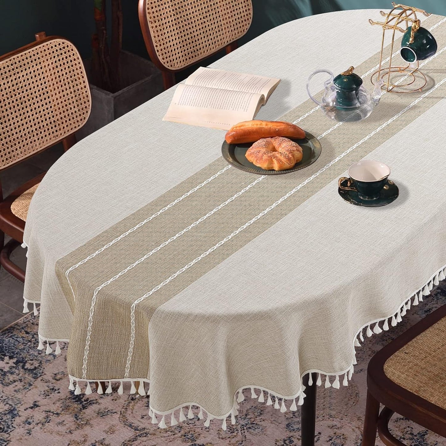 HOMBYS Solid Embroidery Oval Tablecloth with Tassels for Oval Table, Lace Dust-Proof Table Cover for Kitchen Dinning, Wrinkle Free Anti-Fading Tabletop Decoration