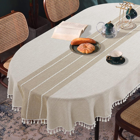 HOMBYS Solid Embroidery Oval Tablecloth with Tassels for Oval Table,  Lace Dust-Proof Table Cover for Kitchen Dinning, Wrinkle Free Anti-Fading Tabletop Decoration