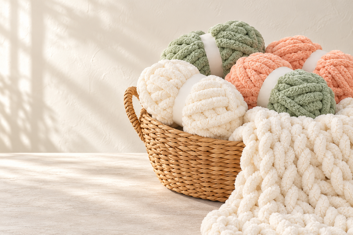 Scene with HOMBYS-style jumbo chunky chenille skeins in cream sage and peach