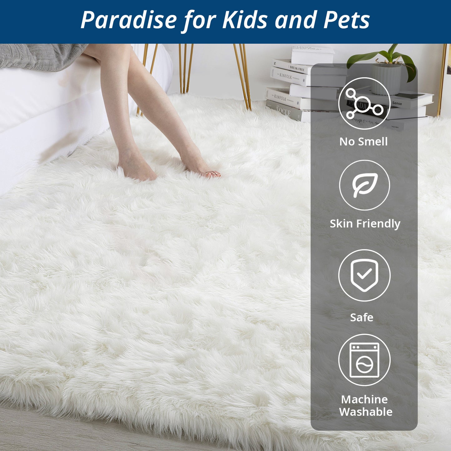 HOMBYS Oversized Faux Fur Area Rug for Living Room Bedroom, Soft & Fluffy White Faux Sheepskin Carpet for Bedside