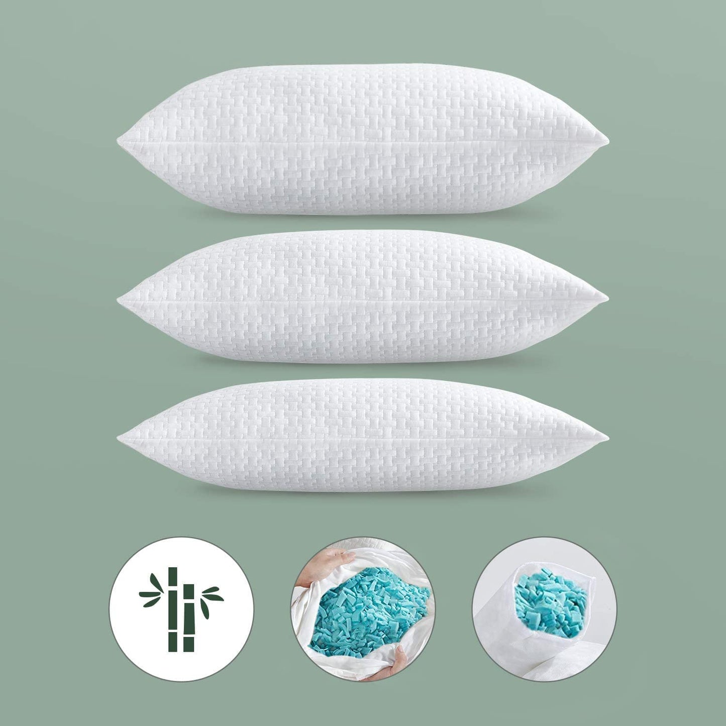 HOMBYS Extra Firm Bed Pillows for Sleeping, Shredded Memory Foam Pillows Set of 2, Adjustable Bamboo Cooling Pillow for Side, Back, Stomach Sleepers