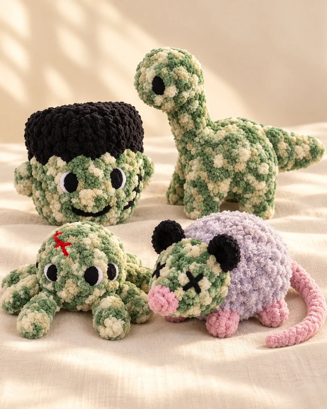 Spooky green plush creations by Ally Crawford, @allyscoffincreations
