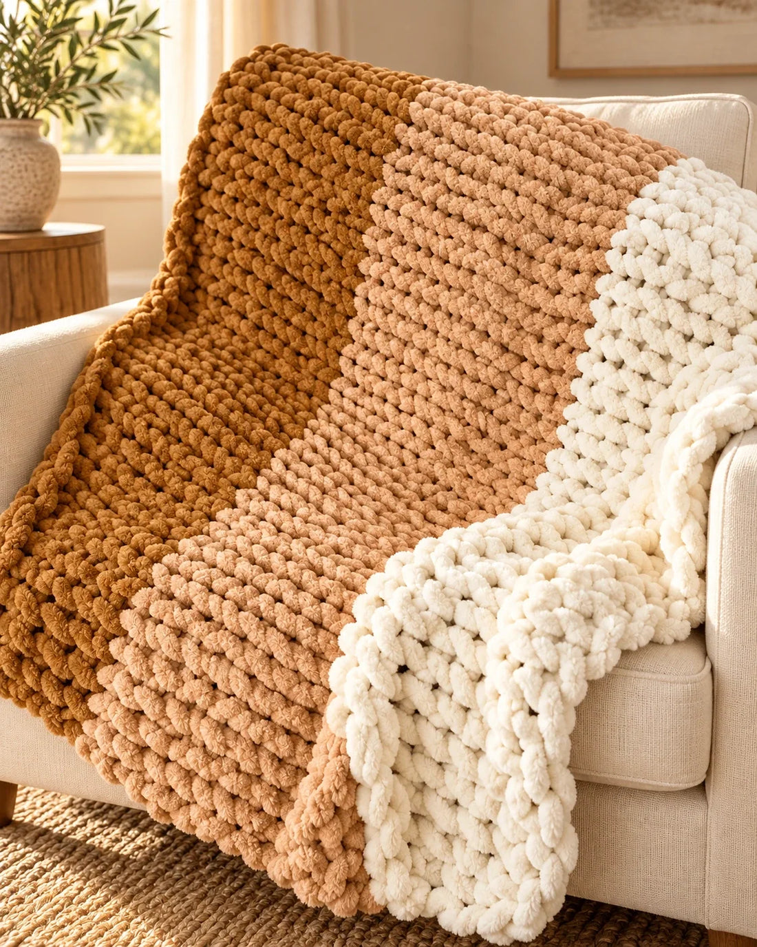 Caramel & Cream Color-Block Chunky Blanket