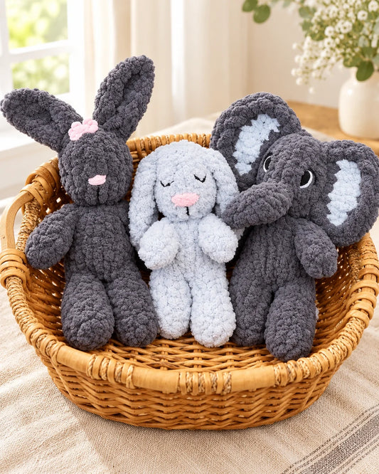 Grey rabbit and elephant chenille plush collection
