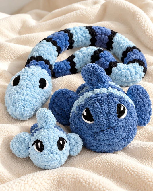 Blue Plush Friends: Snake & Fish by chunkyknitcreationsbykay_kay
