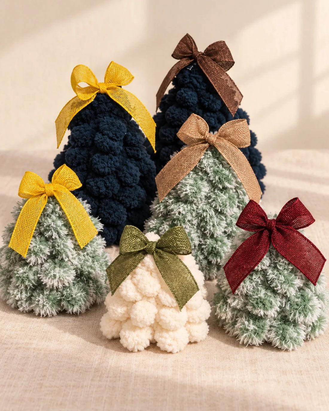 Mini chenille Christmas trees with ribbon bows