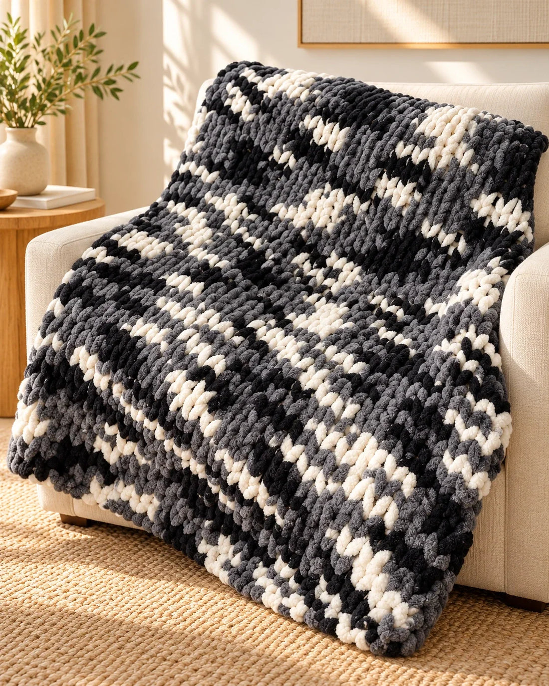 Black, White & Grey Variegated Chunky Blanket