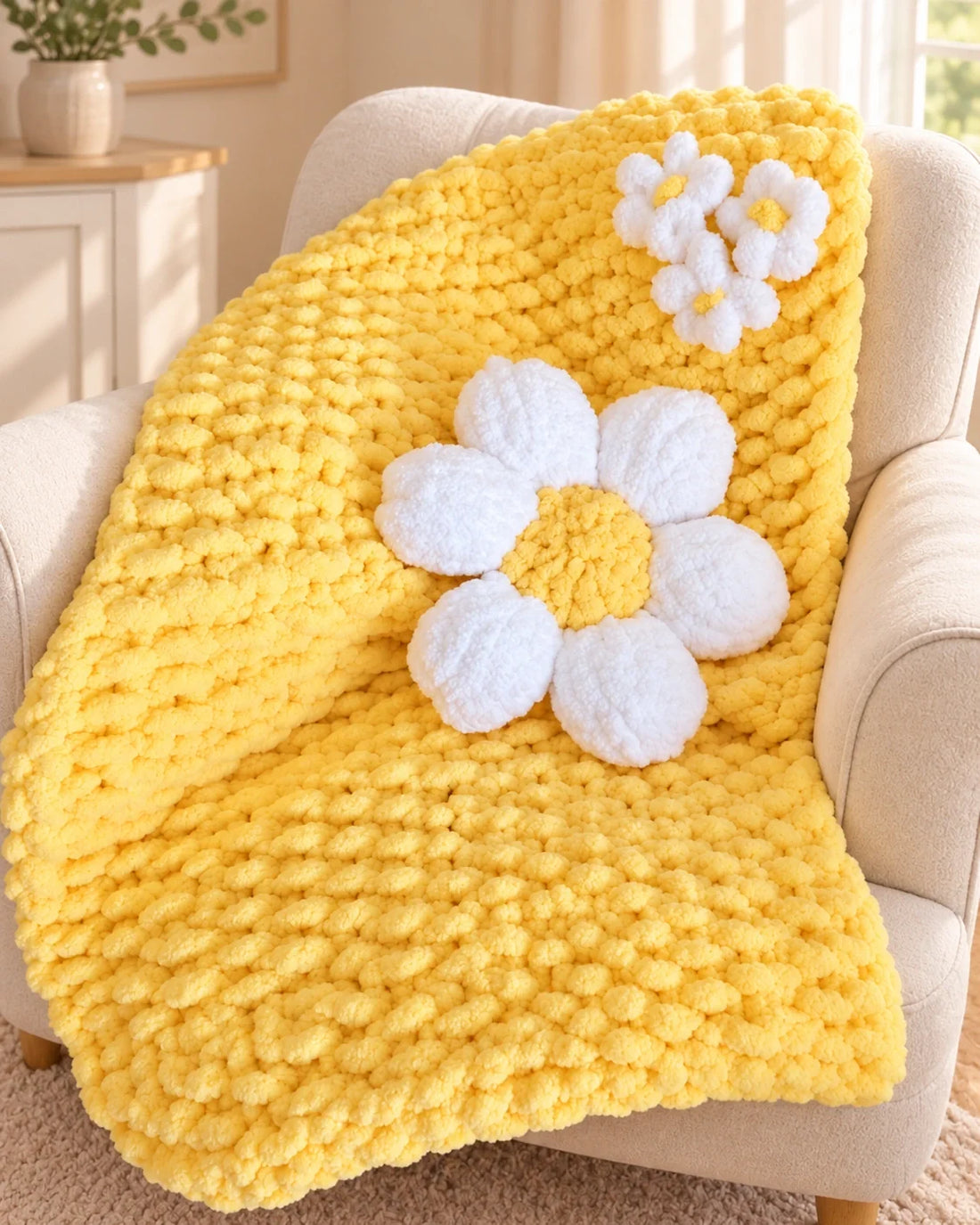 Buttercup yellow chenille blanket and white daisy pillow