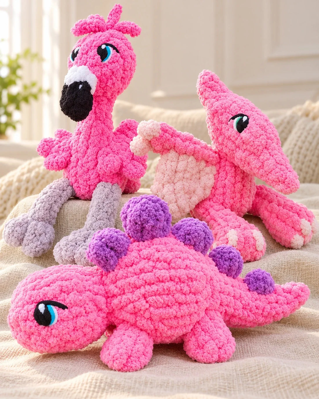 Pink flamingo, pterodactyl and stegosaurus group