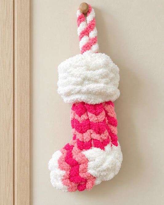 Pink and white Fireside Cheer Christmas stocking