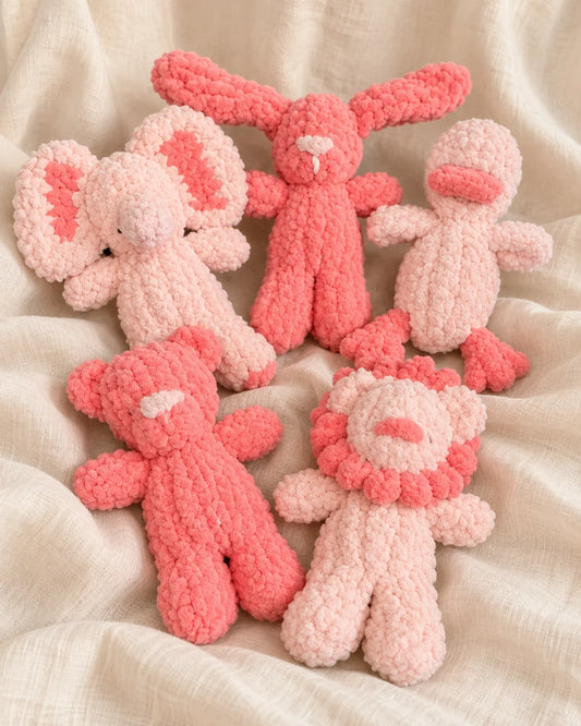 Five pink Itty Bitty chenille animals by rebekahs_snugglers