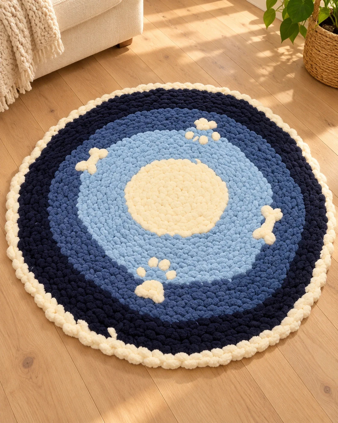 Round blue chenille dog mat with paw and bone details