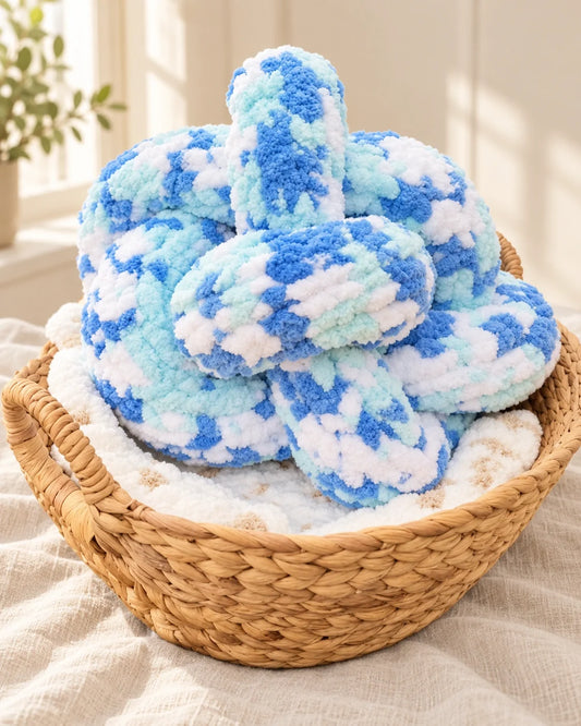 Blue and white variegated chenille knot pillow in a woven basket