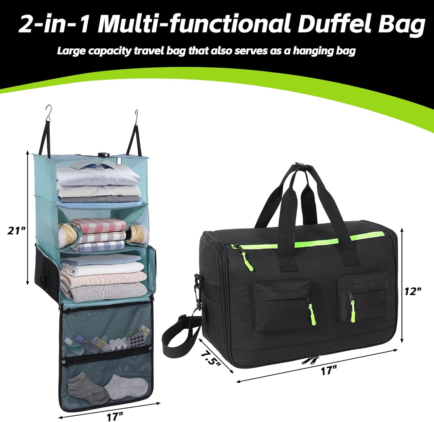 HOMBYS 2-in-1 Duffle Bag Also A Expandable Packing Cube, Convertible Garment Duffle Bags for Travel with Portable Hanging Travel Shelves Design, Carry on Closet with Hanger for Clothes