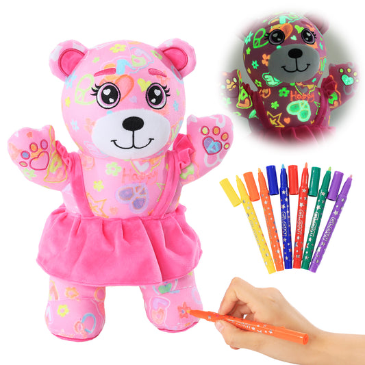 HOMBYS Glow in The Dark Coloring Plush Toy with 6 Glow Markers for Girls, Arts and Crafts Doodle Dolls, DIY Soft Stuffed Pink Bear for Kids