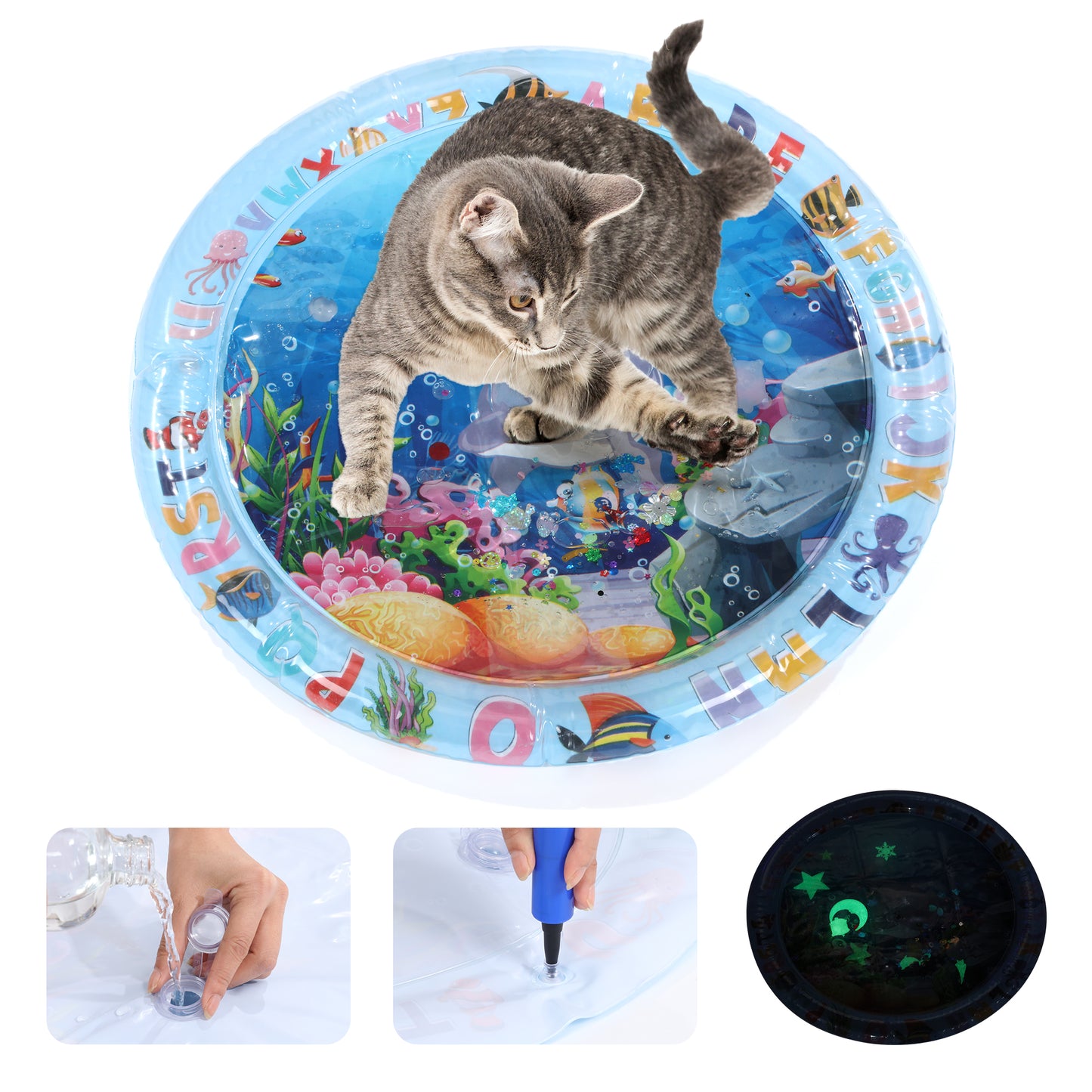 HOMBYS Upgrade New Thickened Cat Water Mat Water Sensory Play Mat for Cats New Interactive Water Sensory Playmat With Glow-in-the-dark Glitter Interactive Toys for Cats to Play