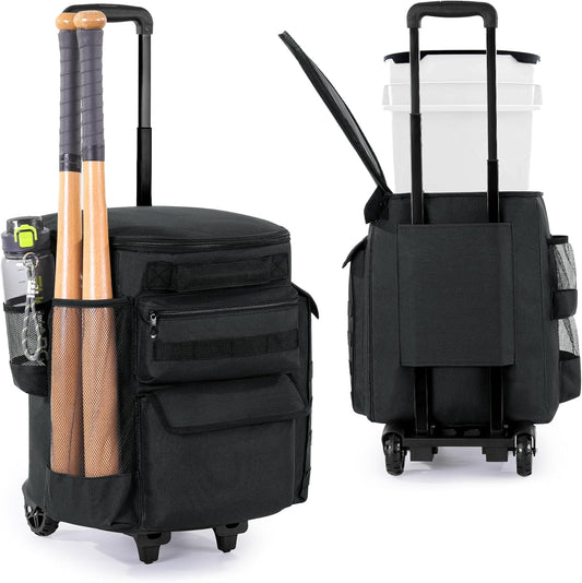 HOMBYS Baseball Bucket Bag with Wheels, Softball Bag Bucket Bag with Multiple Pockets Coaching Accessories for Balls Bat Gloves (Bucket Not Included)