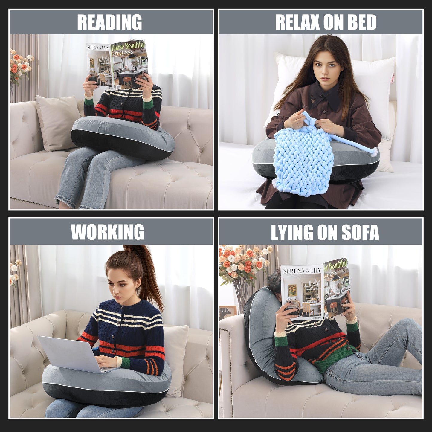 HOMBYS Crochet Pillow for Lap Support,Gaming Pillow for Lap,Lap Pillow for Reading & Crocheting,Soft Lap Desk Pillow,Reading Pillow,Crochet Pillow for Lap Support,Arm Pillows for Adults,Black/Grey