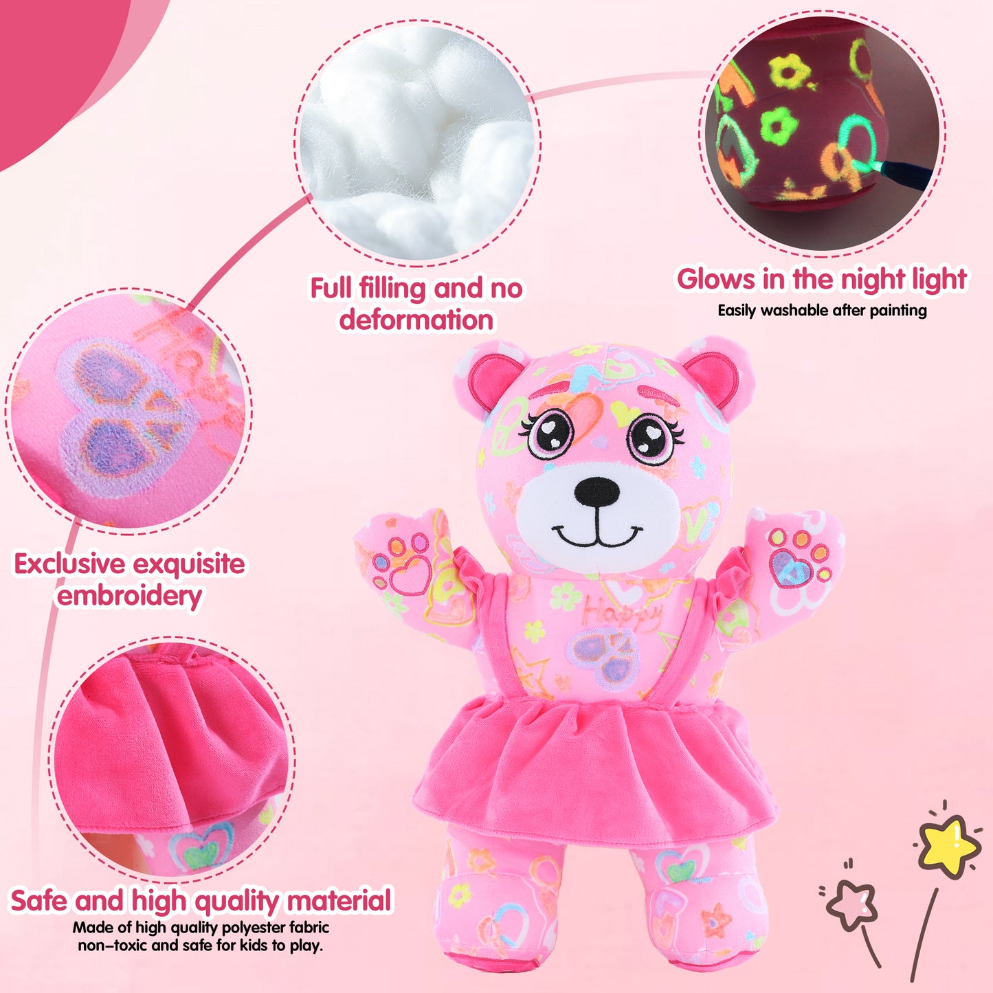 HOMBYS Glow in The Dark Coloring Plush Toy with 6 Glow Markers for Girls, Arts and Crafts Doodle Dolls, DIY Soft Stuffed Pink Bear for Kids
