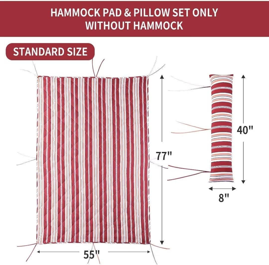 HOMBYS 2 Person Hammock Pad 77"x55" Replacement, Durable Outdoor Hammock Pad & Pillow Set Only, Fits 55 Inch Large Hammock, Do not Include Hammock, Red Stripes